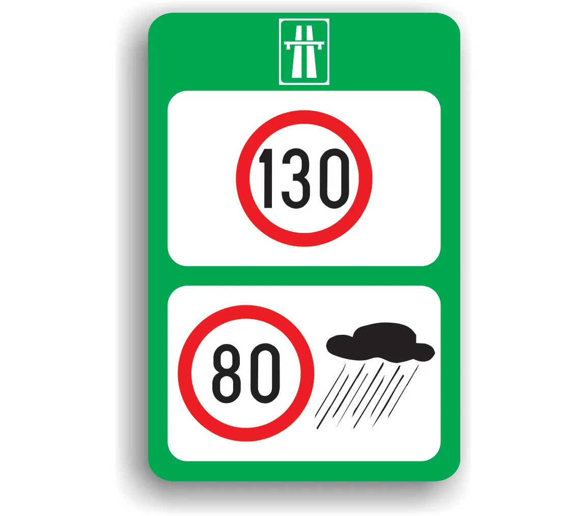Limite maxime de viteză pe autostradă, ân funcție de condițiile meteorologice, indicatoare rutiere