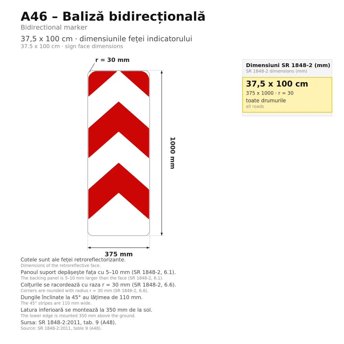 A46 Two-Way Directional Marker, 37.5x100 cm, Class I - imaginea 2