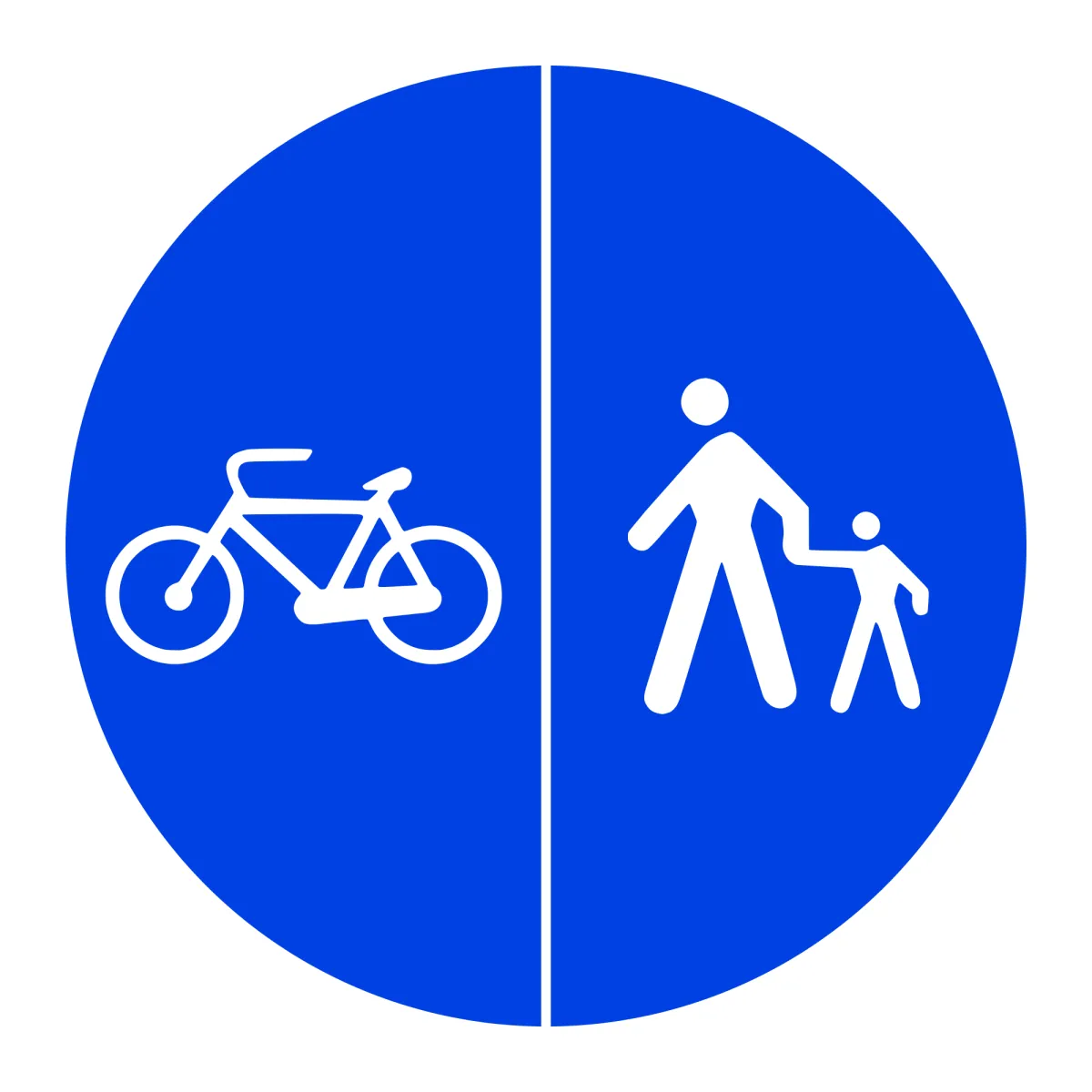 D12 Mandatory Sign – Separated Paths: Cycles Left, Pedestrians Right, Ø60 cm, Class I